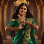 Emerald Opulence: Beautiful Indian Woman in Dancing Saree Pose | prompt for saree for wedding