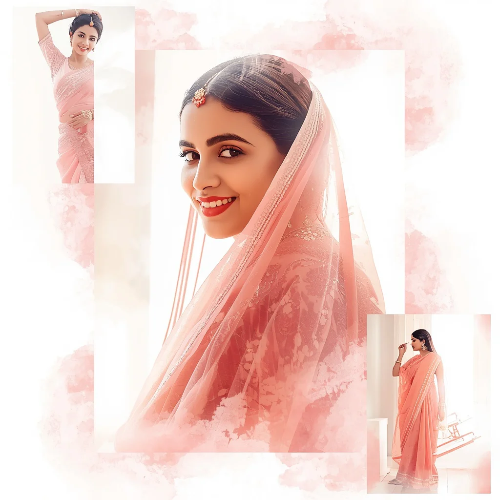 Watercolor Strokes: Artistic Fusion Saree Collage with Brightness | prompt for gemini girl in saree instagram in english — AI image prompt